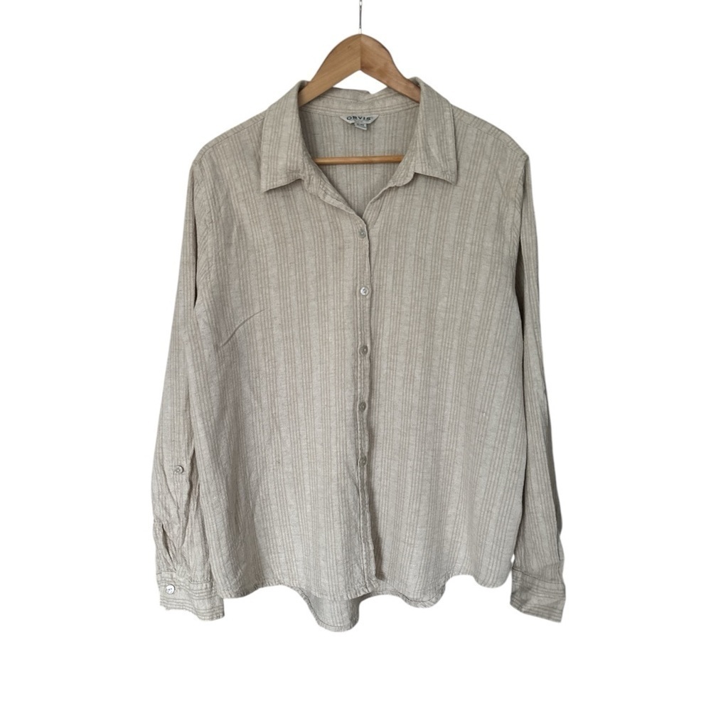 ORVIS, XL, Long Sleeve Striped Neutral Linen Blend Top
